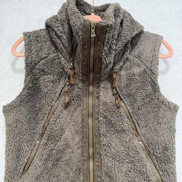 Kuhl Vest Womens Medium Sherpa Fleece Full Zip Hooded Silver Oak Embroidered - Picture 2 of 15